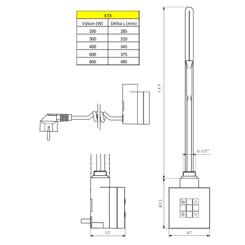 Grzałka elektryczna z termostatem srebrna KTX 800 W KTX-S-800 Sapho rysunek