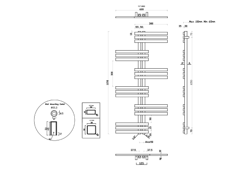Grzejnik łazienkowy 600 x 1190 mm stal nierdzewna szczotkowana 254 W RADO NR650 Sapho rysunek
