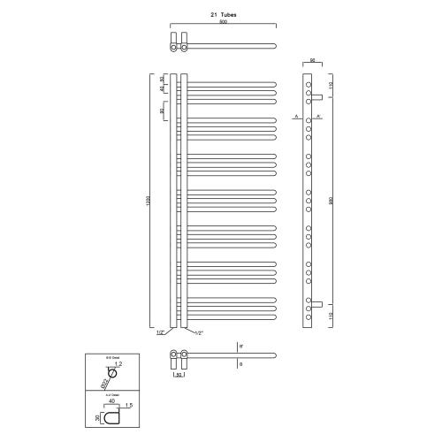 Grzejnik łazienkowy 500 x 1200 mm biały 492 W DORLION 1130-51 Sapho rysunek