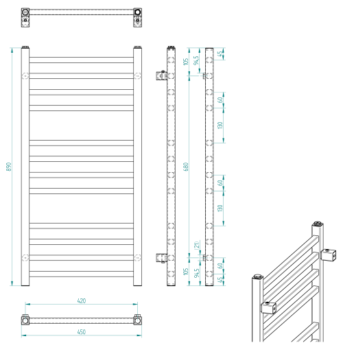 Grzejnik łazienkowy 450 x 890 mm chrom 239 W METRO 0411-03 Sapho rysunek