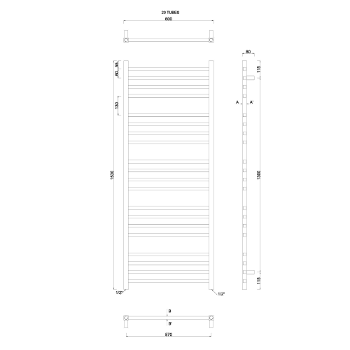 Grzejnik łazienkowy 600 x 1530 mm stalowy chrom 497 W METRO 0411-02 Sapho rysunek
