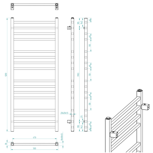 Grzejnik łazienkowy 500 x 1200 mm chrom 347 W METRO 0411-01 Sapho rysunek