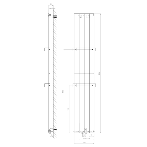 Grzejnik łazienkowy 298 x 1800 mm srebrny metalik 614 W COLONNA IR143 Sapho rysunek