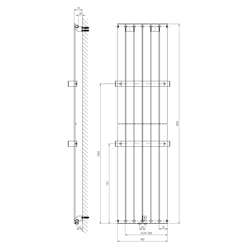 Grzejnik łazienkowy 450 x 1800 mm srebrny metalik 910 W COLONNA IR145 Sapho rysunek