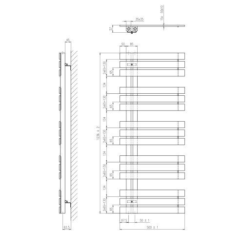 Grzejnik łazienkowy 500 x 1236 mm srebrny metalik 561 W SILVANA IR153 Sapho rysunek