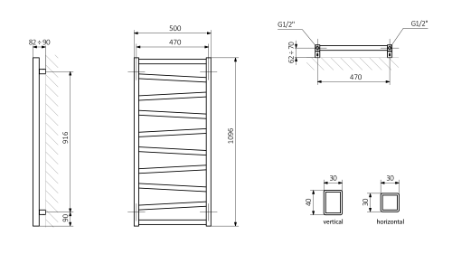 Grzejnik łazienkowy 500 x 1096 mm antracyt 406 W ZIG ZG511A Sapho rysunek