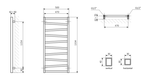Grzejnik łazienkowy 500 x 1334 mm biały 490 W ZIG ZG513 Sapho rysunek