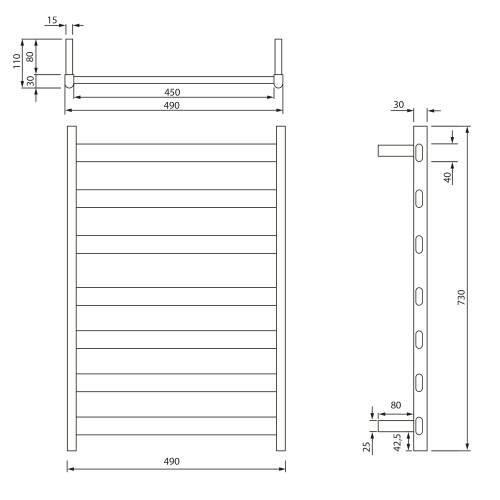Łazienkowa suszarka elektryczna 490 x 730 x 110 mm biały 105 W ELIAS EB540 Sapho rysunek