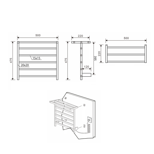 Łazienkowa suszarka elektryczna 500 x 470 mm czarny mat 60 W ELZOR EB510 Sapho rysunek