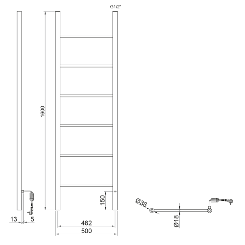 Łazienkowa suszarka elektryczna 500 x 1600 mm czarny mat 120 W KARBO KB905 Sapho rysunek