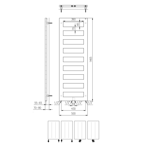 Grzejnik łazienkowy 500 x 1465 mm czarny mat 644 W BLOCK IR185 Sapho rysunek