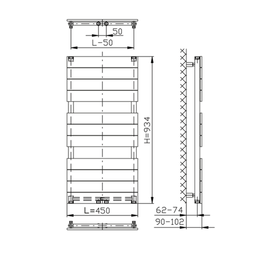 Grzejnik łazienkowy 450 x 934 mm biały 425 W BONDI DC400T Aqualine rysunek