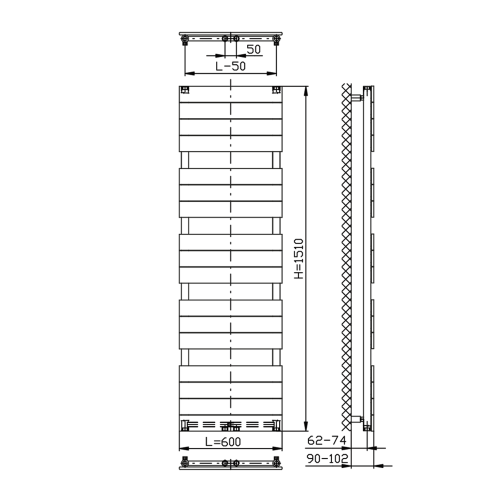 Grzejnik łazienkowy 600 x 1510 mm antracyt 810 W BONDI DC445T Aqualine rysunek