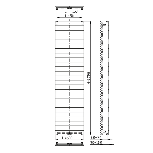 Grzejnik łazienkowy 600 x 1798 mm antracyt 965 W BONDI DC455T Aqualine rysunek
