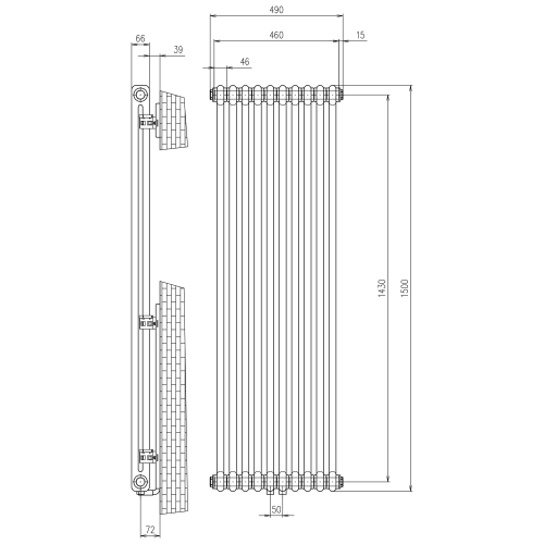 Grzejnik łazienkowy 490 x 1500 mm biały mat 1071 W FEDE IR194 Sapho rysunek