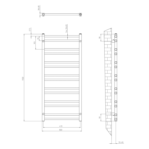 Grzejnik łazienkowy 500 x 1100 mm chrom 343 W METRO DOS IR432R Sapho rysunek
