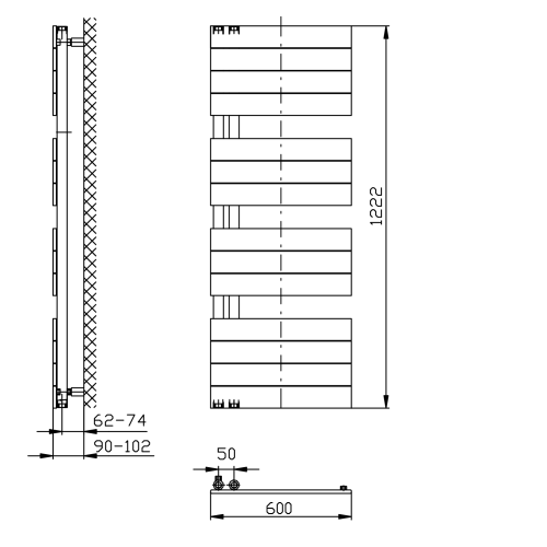 Grzejnik łazienkowy 600 x 1222 mm antracyt 632 W MILI DC625T Aqualine  rysunek
