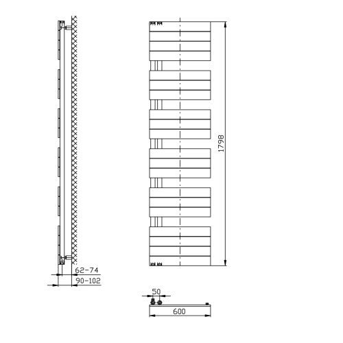 Grzejnik łazienkowy 600 x 1798 mm biały 927 W MILI DC650T Aqualine rysunek