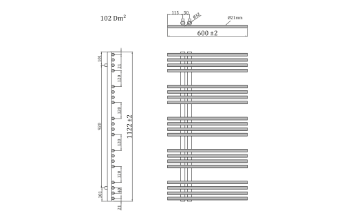 Grzejnik łazienkowy 600 x 1122 mm biały 485 W NYMPHA 1805-16 Sapho rysunek