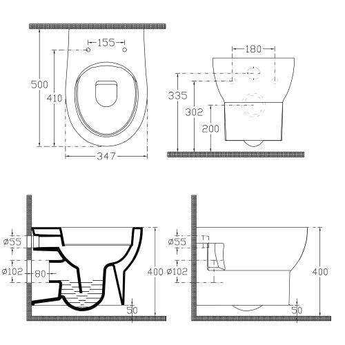 Miska WC podwieszana biały RIMLESS 35 x 50 cm ABSOLUTE 10AB02002 Isvea rysunek