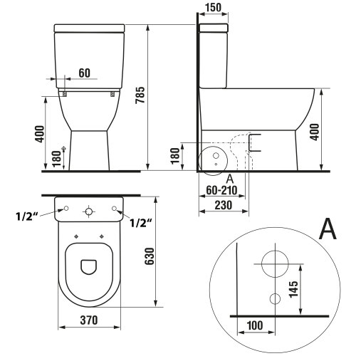 Kompakt WC KOMBI odpływ uniwersalny Rimless JALTA PB103RW Aqualine rysunek