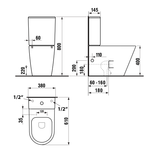 Kompakt WC KOMBI odpływ uniwersalny Rimless PACO PC1012WR Sapho rysunek