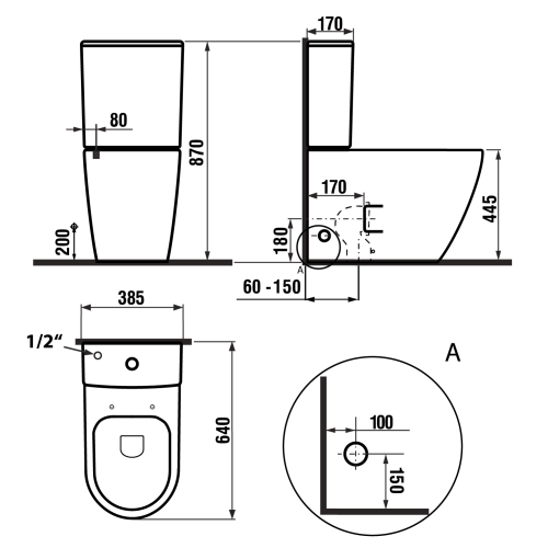 Kompakt WC KOMBI odpływ uniwersalny Rimless TURKU PC104WR Sapho rysunek