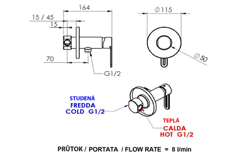 Bateria bidetowa podtynkowa wąż słuchawka czarny mat 1103-15 Sapho rysunek