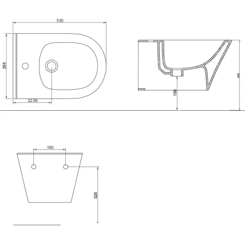 Bidet podwieszany 35,5 x 53 cm AVVA 100324 Sapho  rysunek