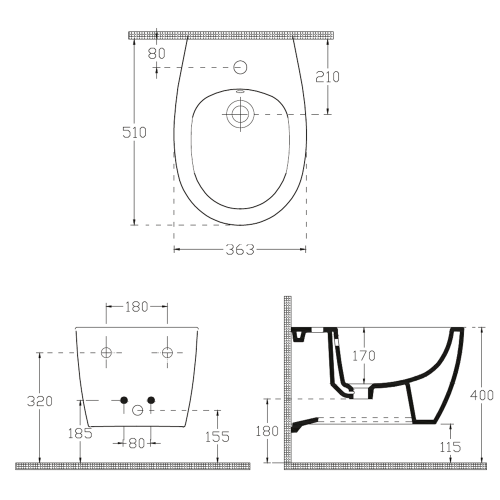 Bidet podwieszany 36 x 51 cm SENTIMENTI 10AR41010SV Isvea  rysunek
