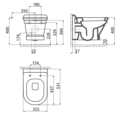 Miska WC c podwieszana 36 x 53 cm ANTIK AN320 Creavit rysunek