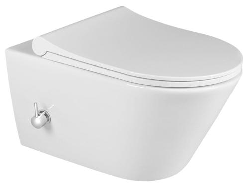 Miska WC podwieszana z prysznicem bidetowym biały RIMLESS 35,5 x 53 cm AVVA 100315 Sapho bokiem