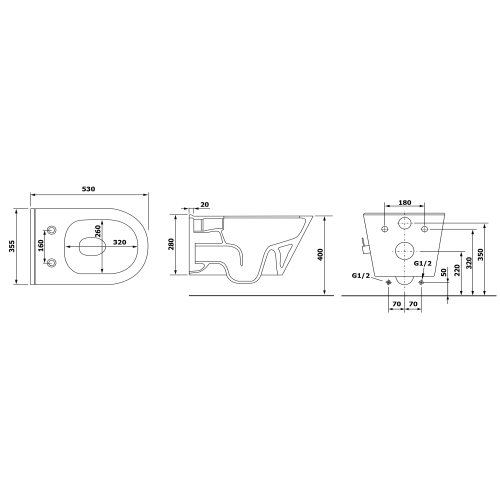 Miska WC podwieszana z prysznicem bidetowym biały RIMLESS 35,5 x 53 cm AVVA 100315 Sapho rysunek