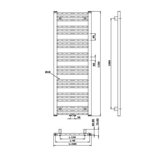 Grzejnik łazienkowy 400 x 1250 mm biały 432 W ALBRECHT 600.112.4 Bruckner rysunek