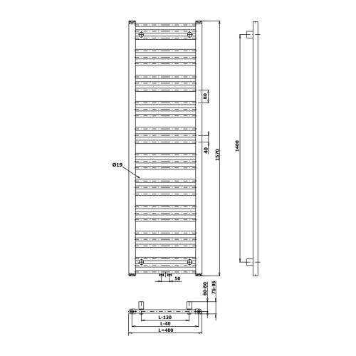 Grzejnik łazienkowy 400 x 1570 mm biały 547 W ALBRECHT 600.113.4 Bruckner rysunek