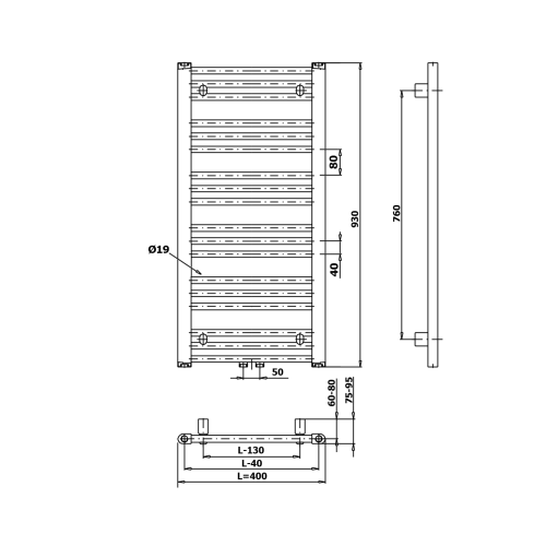 Grzejnik łazienkowy 400 x 930 mm biały 327 W ALBRECHT 600.111.4 Bruckner rysunek