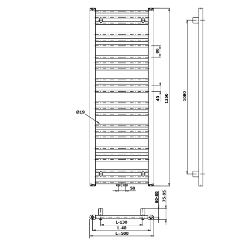 Grzejnik łazienkowy 500 x 1250 mm biały 525 W ALBRECHT 600.114.4 Bruckner rysunek