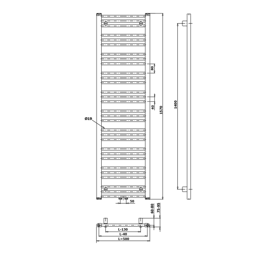 Grzejnik łazienkowy 500 x 1570 mm biały 657 W ALBRECHT 600.115.4 Bruckner rysunek