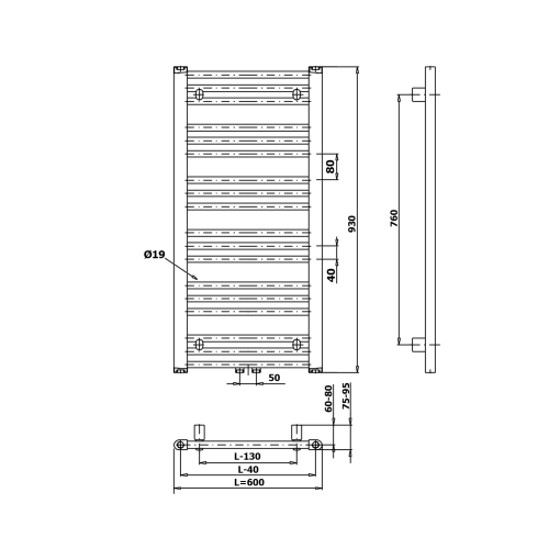 Grzejnik łazienkowy 600 x 930 mm biały 457 W ALBRECHT 600.116.4 Bruckner rysunek