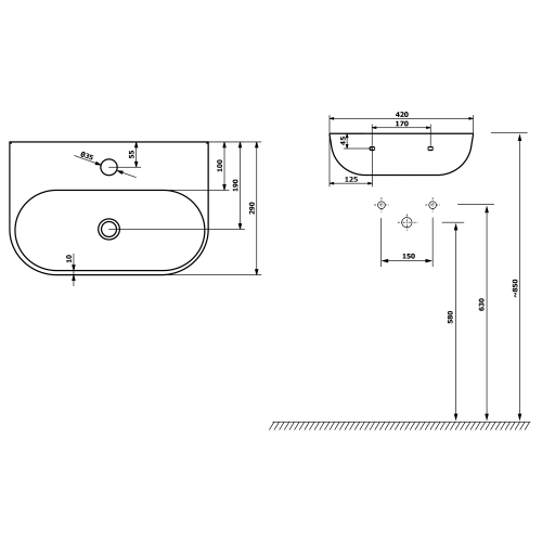 Umywalka ceramiczna 41,5 x 28,5 cm czarny mat NERISSA AR265B Sapho rysunek