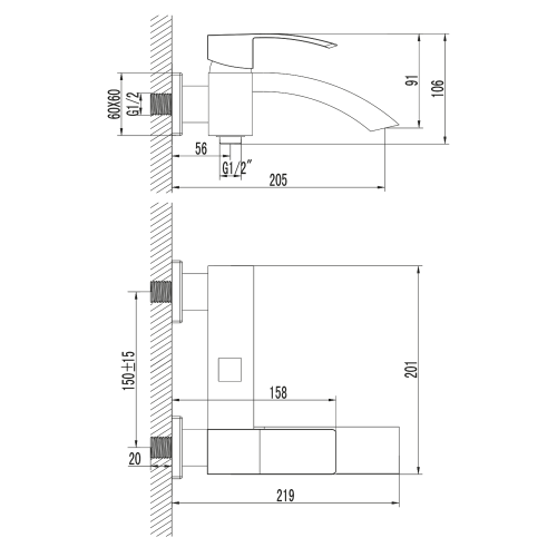 Bateria wannowa ścienna czarny mat GINKO 1101-10B Sapho rysunek