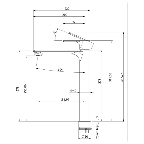 Bateria umywalkowa wysoka stojąca czarny mat PAX XA07/15 Sapho rysunek