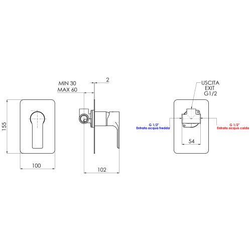 Bateria prysznicowa podtynkowa czarny mat PAX XA41/15 Sapho rysunek