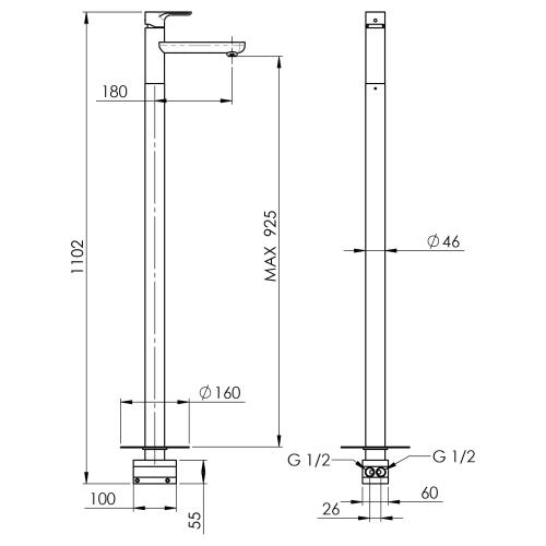 Bateria umywalkowa wolnostojąca do montażu w podłodze chrom PAX XA16 Sapho rysunek