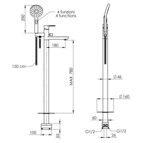 Bateria wannowa wolnostojąca do montażu w podłodze czarny mat PAX XA21/15 Sapho rysunek