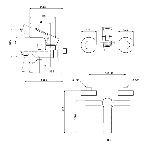 Bateria wannowa ścienna chrom PAX XA10 Sapho rysunek