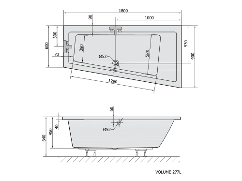 Wanna akrylowa asymetryczna 180 x 90 cm (prawa) czarny mat ANDRA 78771BM Polysan rysunek