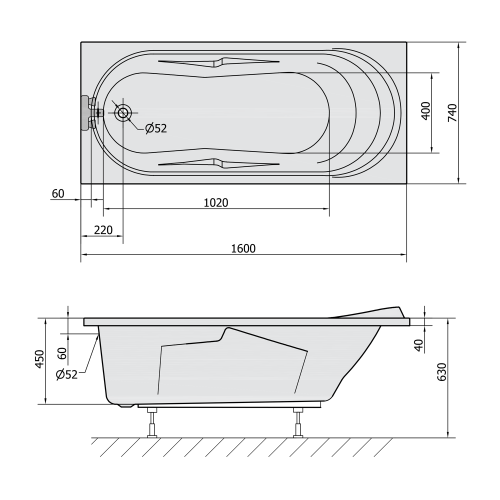 Wanna akrylowa prostokątna 160x74 cm ADRIANA 43111 Polysan rysunek