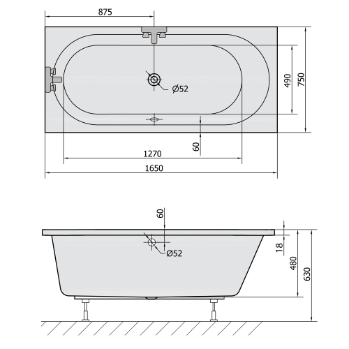 Wanna akrylowa prostokątna 165x75 cm ASTRA B SLIM 32611S Polysan rysunek