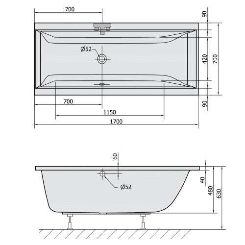 Wanna akrylowa prostokątna 170x70 cm czarny mat CLEO 74611.21 Polysan rysunek